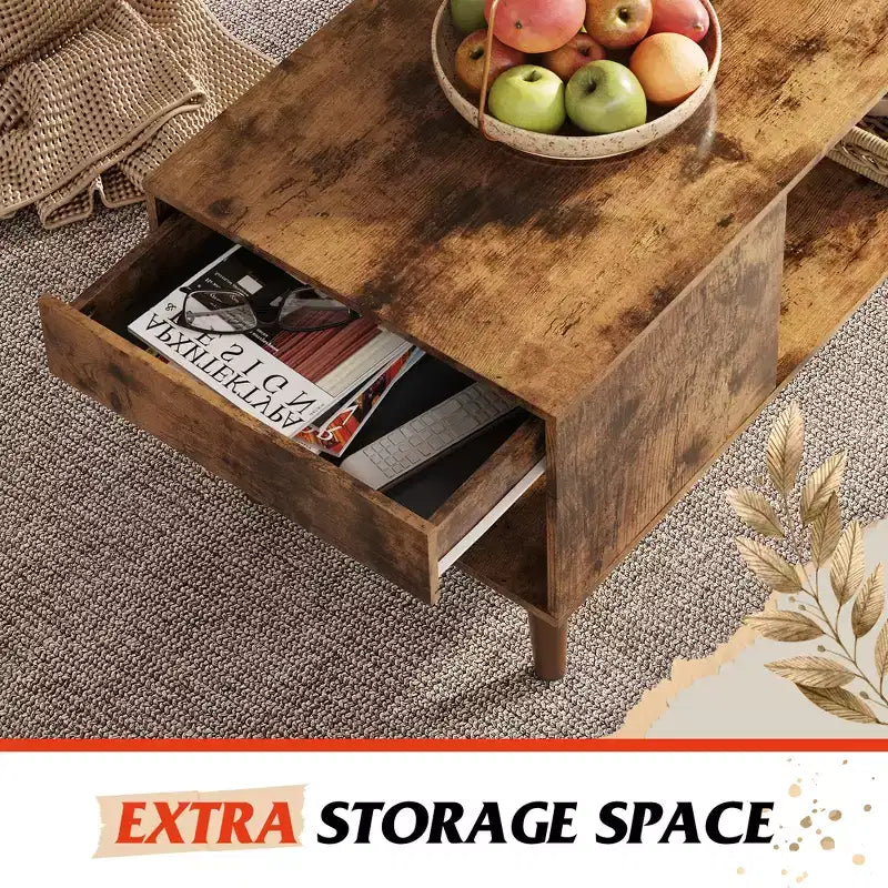 Wood Coffee Table with Sliding Top up to 50 TV, Modern Center Table with Open Storage Shelf for Living Room, Bedroom, Rustic Brown