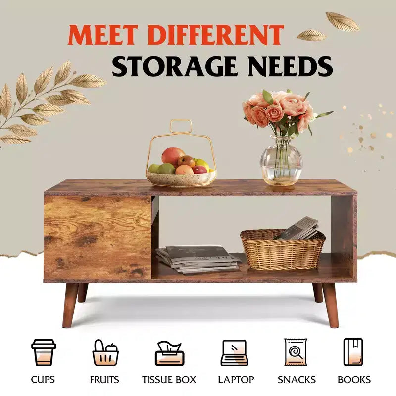 Wood Coffee Table with Sliding Top up to 50 TV, Modern Center Table with Open Storage Shelf for Living Room, Bedroom, Rustic Brown