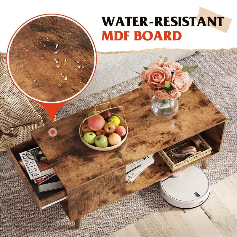 Wood Coffee Table with Sliding Top up to 50 TV, Modern Center Table with Open Storage Shelf for Living Room, Bedroom, Rustic Brown