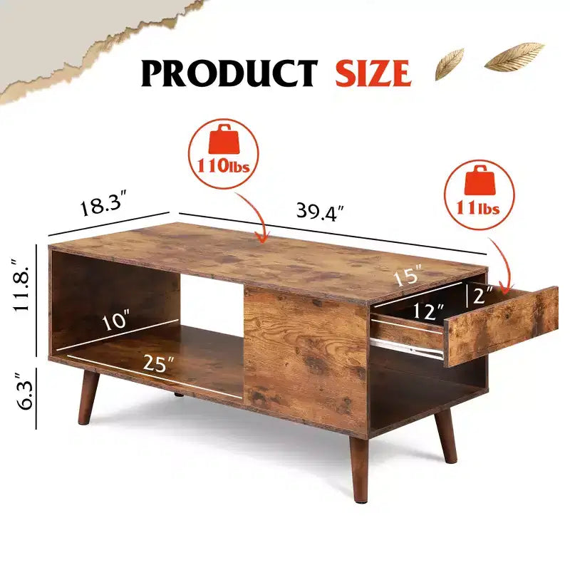 Wood Coffee Table with Sliding Top up to 50 TV, Modern Center Table with Open Storage Shelf for Living Room, Bedroom, Rustic Brown