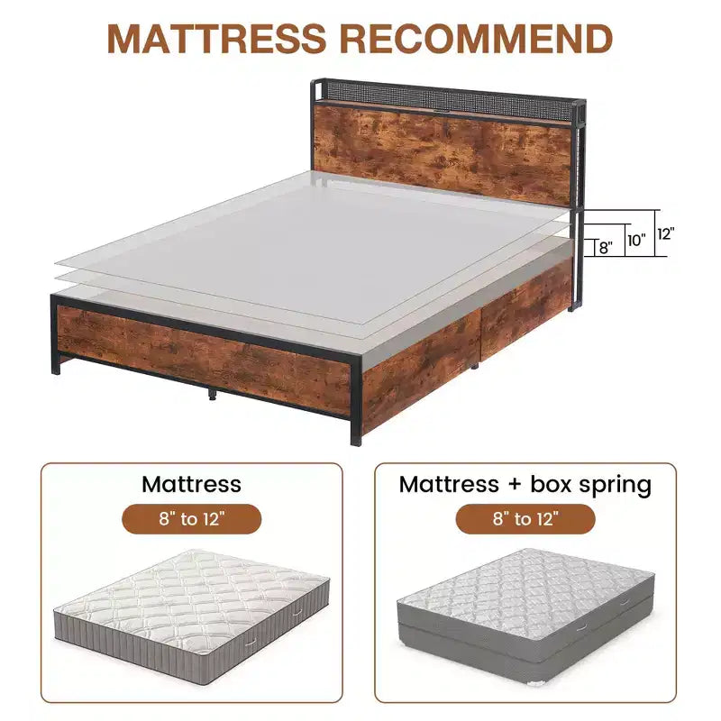 Bed Frame with Storage Drawers, LED Lights, Charging Station & Strong Wooden Slats