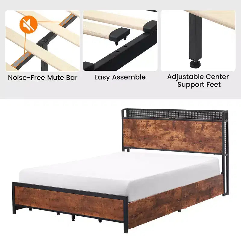 Bed Frame with Storage Drawers, LED Lights, Charging Station & Strong Wooden Slats