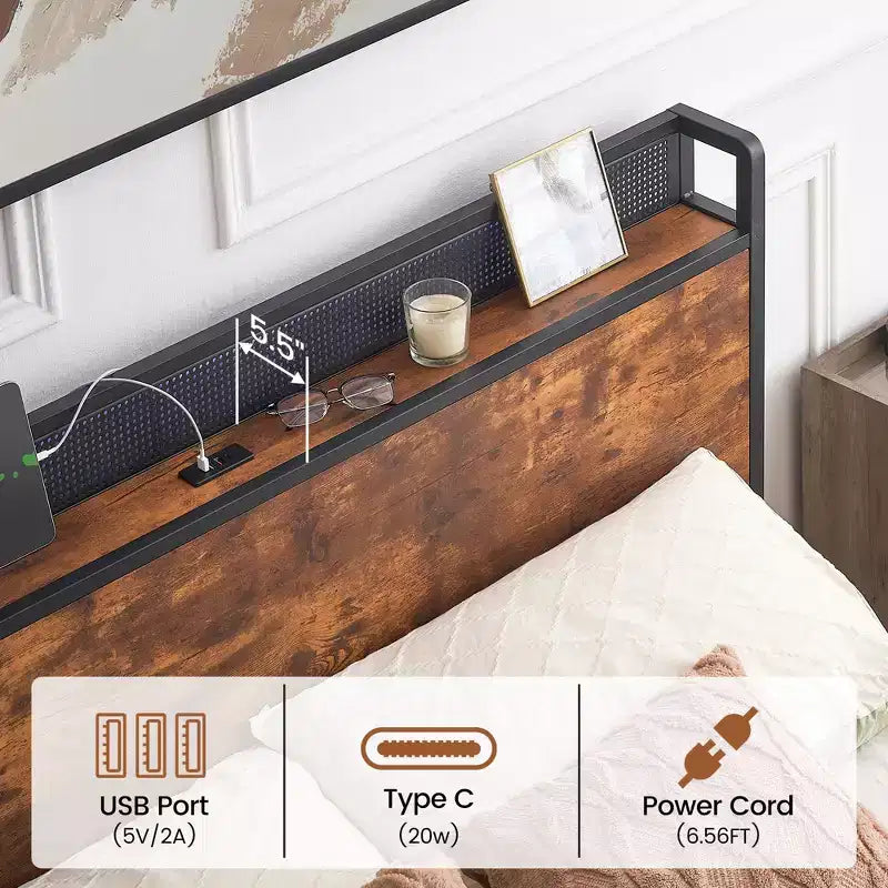Bed Frame with Storage Drawers, LED Lights, Charging Station & Strong Wooden Slats