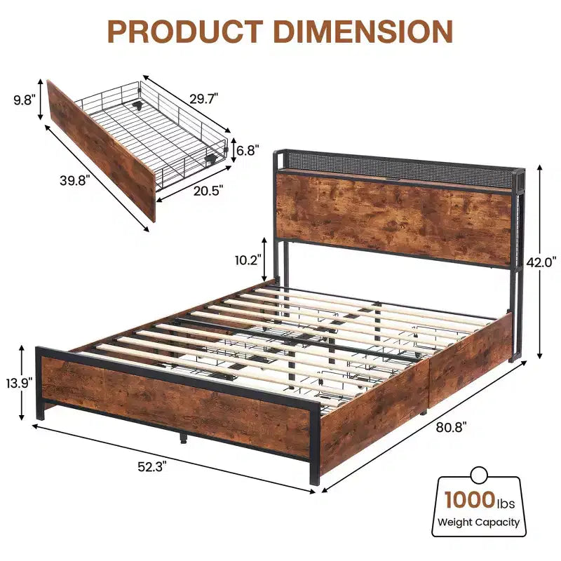 Bed Frame with Storage Drawers, LED Lights, Charging Station & Strong Wooden Slats