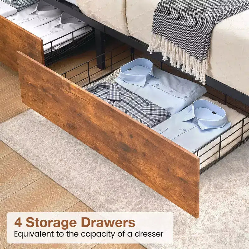 Bed Frame with Storage Drawers, LED Lights, Charging Station & Strong Wooden Slats