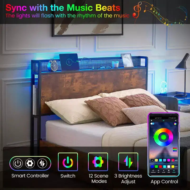 Bed Frame with Storage Drawers, LED Lights, Charging Station & Strong Wooden Slats