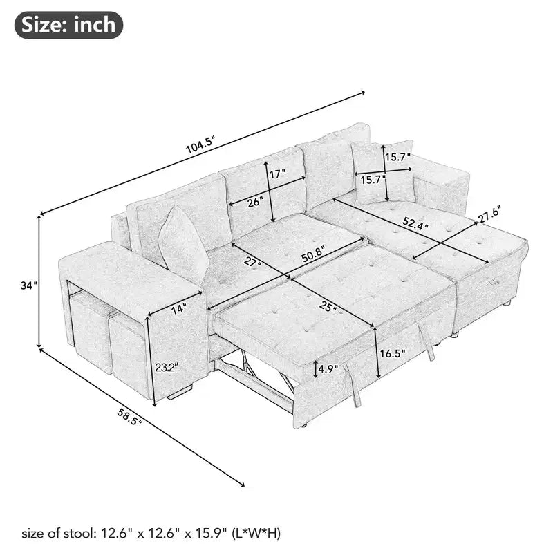 Convertible Sleeper Sofa with Storage Chaise for Living Room