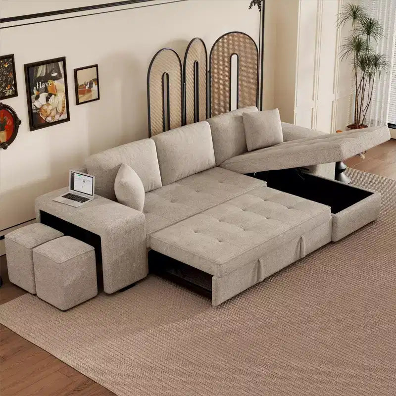Convertible Sleeper Sofa with Storage Chaise for Living Room