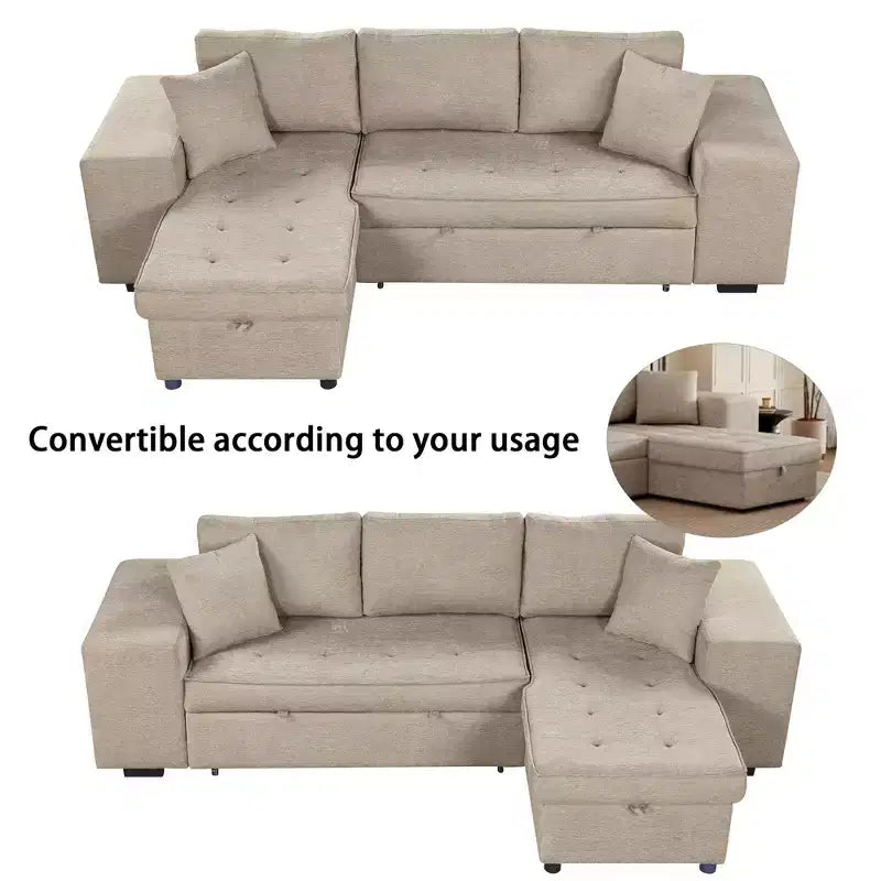 Convertible Sleeper Sofa with Storage Chaise for Living Room