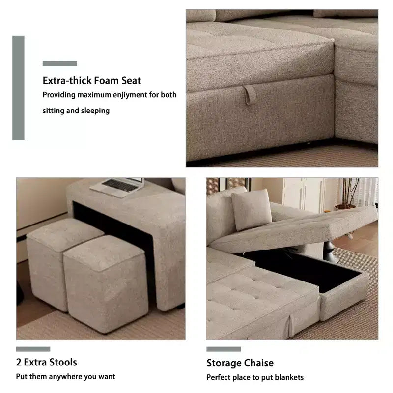 Convertible Sleeper Sofa with Storage Chaise for Living Room