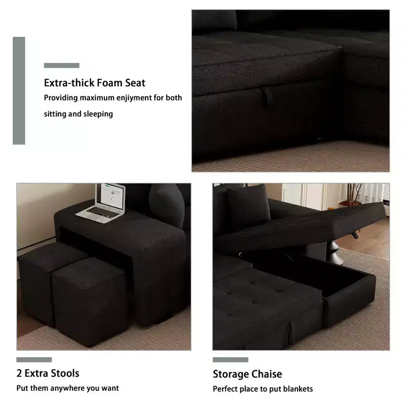Convertible Sleeper Sofa with Storage Chaise for Living Room