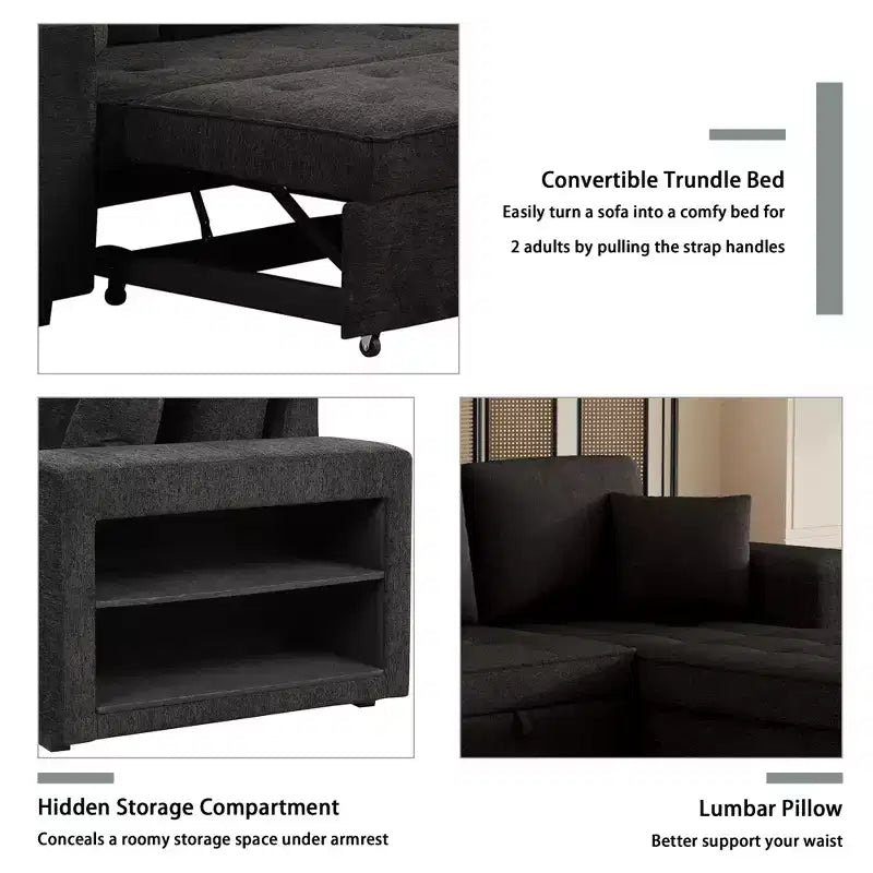 Convertible Sleeper Sofa with Storage Chaise for Living Room