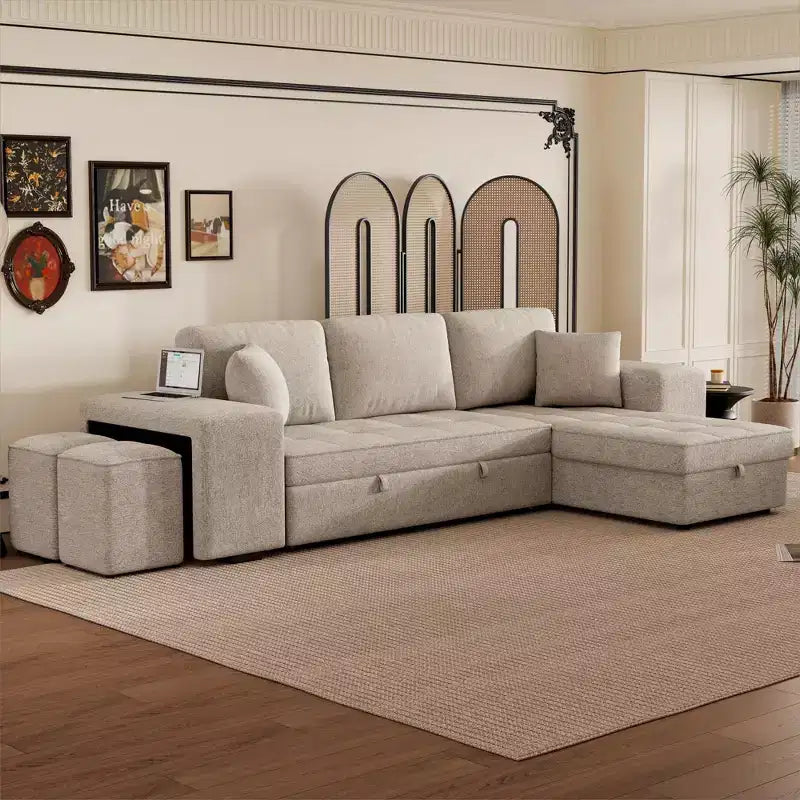 Convertible Sleeper Sofa with Storage Chaise for Living Room