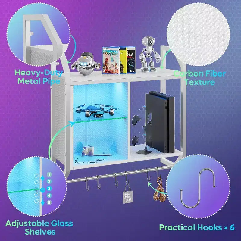 25 LED Floating Shelves, Gaming Wall Mounted Shelf with Adjustable Glass Shelves, Gaming Room Decor Storage Kitchen Wine Coffee Bar