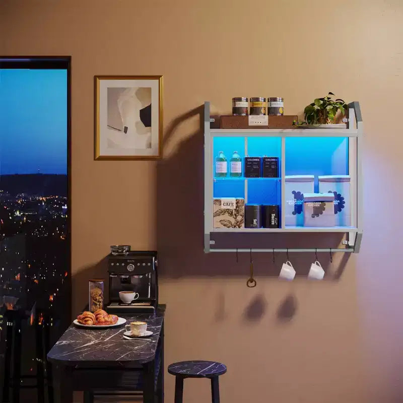 25 LED Floating Shelves, Gaming Wall Mounted Shelf with Adjustable Glass Shelves, Gaming Room Decor Storage Kitchen Wine Coffee Bar