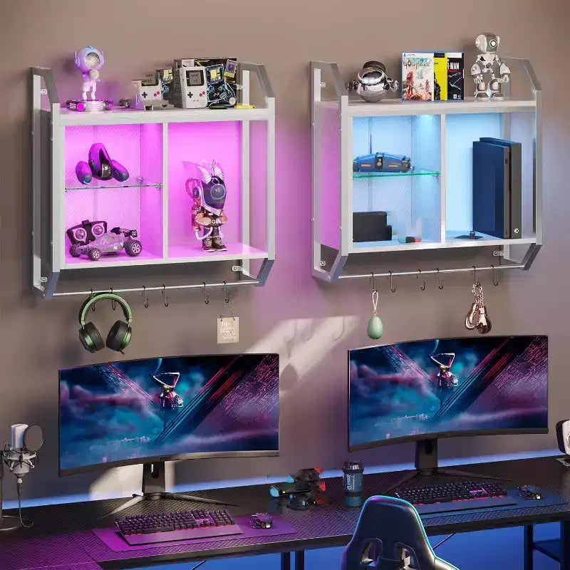 25 LED Floating Shelves, Gaming Wall Mounted Shelf with Adjustable Glass Shelves, Gaming Room Decor Storage Kitchen Wine Coffee Bar
