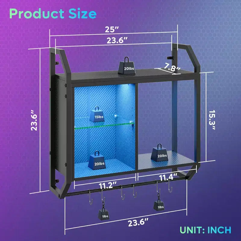 25 LED Floating Shelves, Gaming Wall Mounted Shelf with Adjustable Glass Shelves, Gaming Room Decor Storage Kitchen Wine Coffee Bar