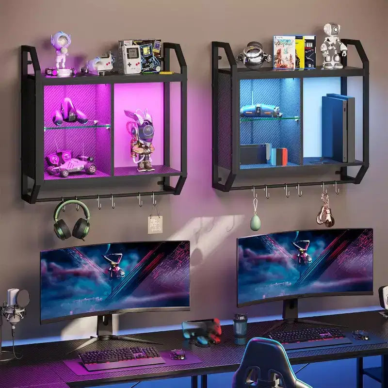 25 LED Floating Shelves, Gaming Wall Mounted Shelf with Adjustable Glass Shelves, Gaming Room Decor Storage Kitchen Wine Coffee Bar