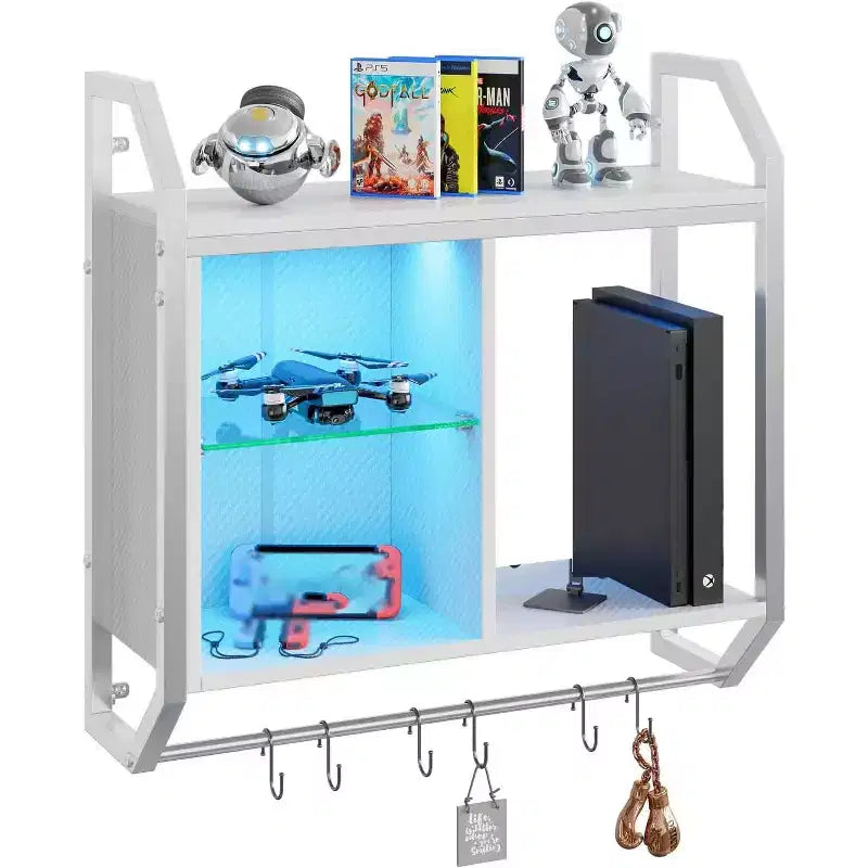 25 LED Floating Shelves, Gaming Wall Mounted Shelf with Adjustable Glass Shelves, Gaming Room Decor Storage Kitchen Wine Coffee Bar