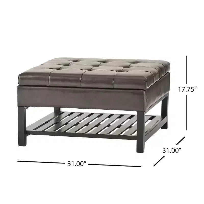 Kilbourne Contemporary Bonded Leather Tufted Storage Ottoman with Shelf, Brown/Dark Brown