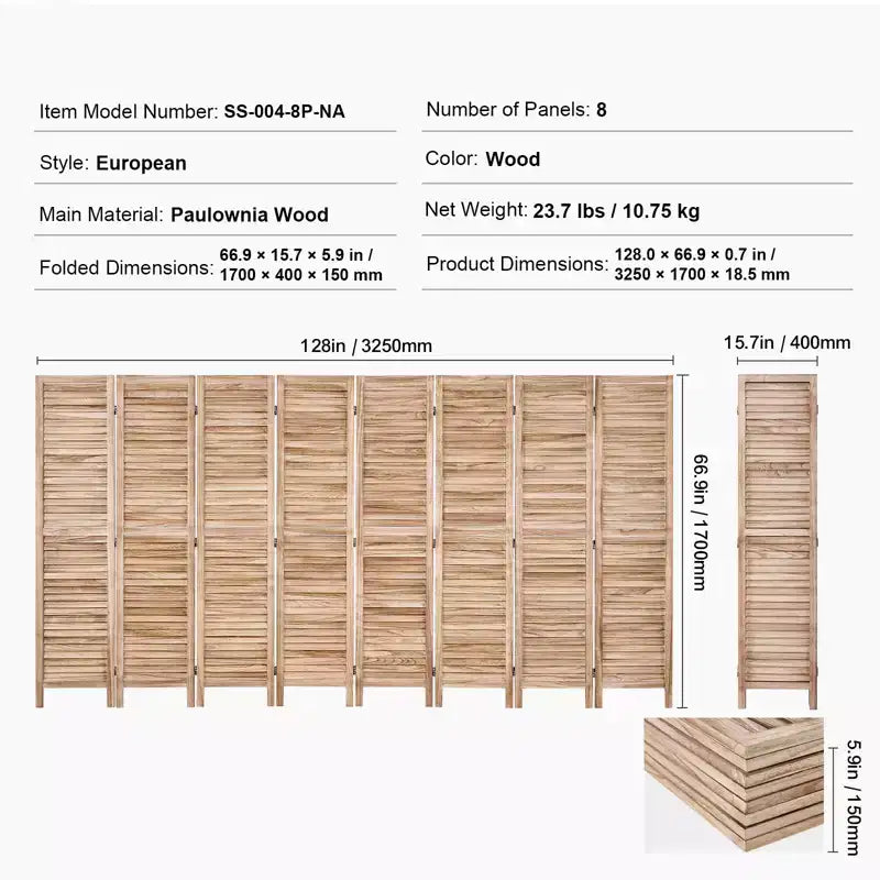 Wood Room Divider, 8 Panel Wood Folding Privacy Screen, 66.9 Inches Tall Indoor Louvered Partition Divider, Portable Decoration Screen