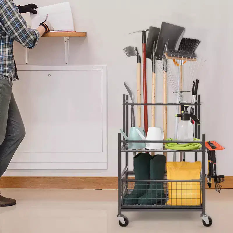 Garden Tool Organizer, 16 Slots with Hooks, Yard Tool Tower Rack with Wheels for Garage Organization and Storage, Hold Long-Handled Tool/Rake