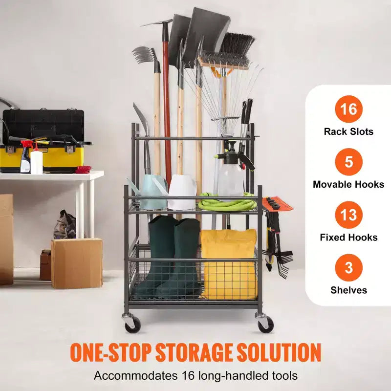 Garden Tool Organizer, 16 Slots with Hooks, Yard Tool Tower Rack with Wheels for Garage Organization and Storage, Hold Long-Handled Tool/Rake