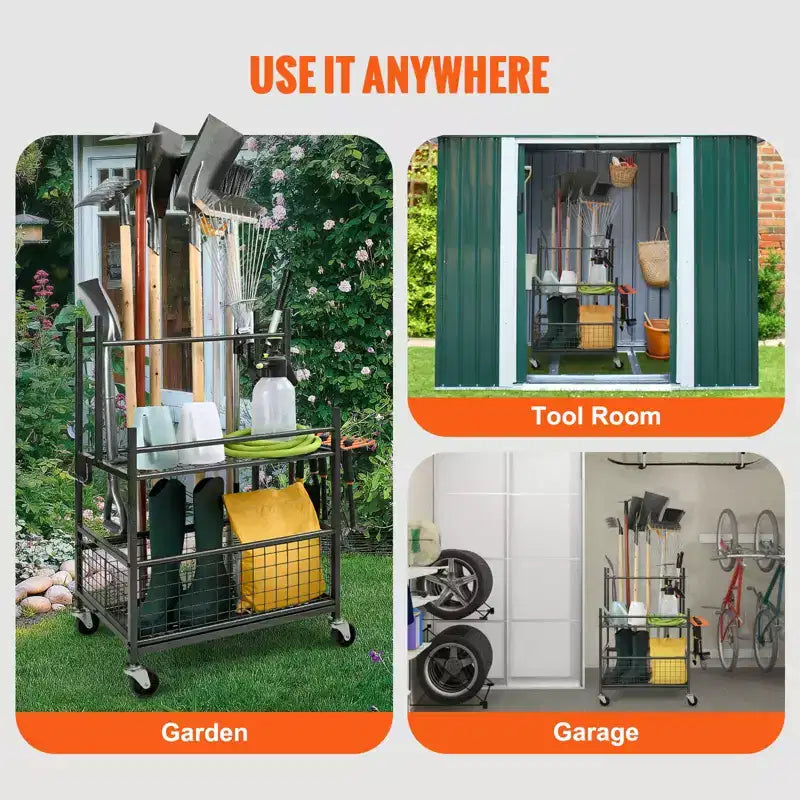 Garden Tool Organizer, 16 Slots with Hooks, Yard Tool Tower Rack with Wheels for Garage Organization and Storage, Hold Long-Handled Tool/Rake