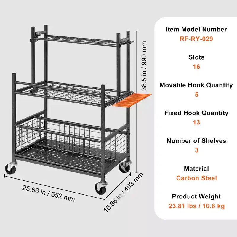 Garden Tool Organizer, 16 Slots with Hooks, Yard Tool Tower Rack with Wheels for Garage Organization and Storage, Hold Long-Handled Tool/Rake