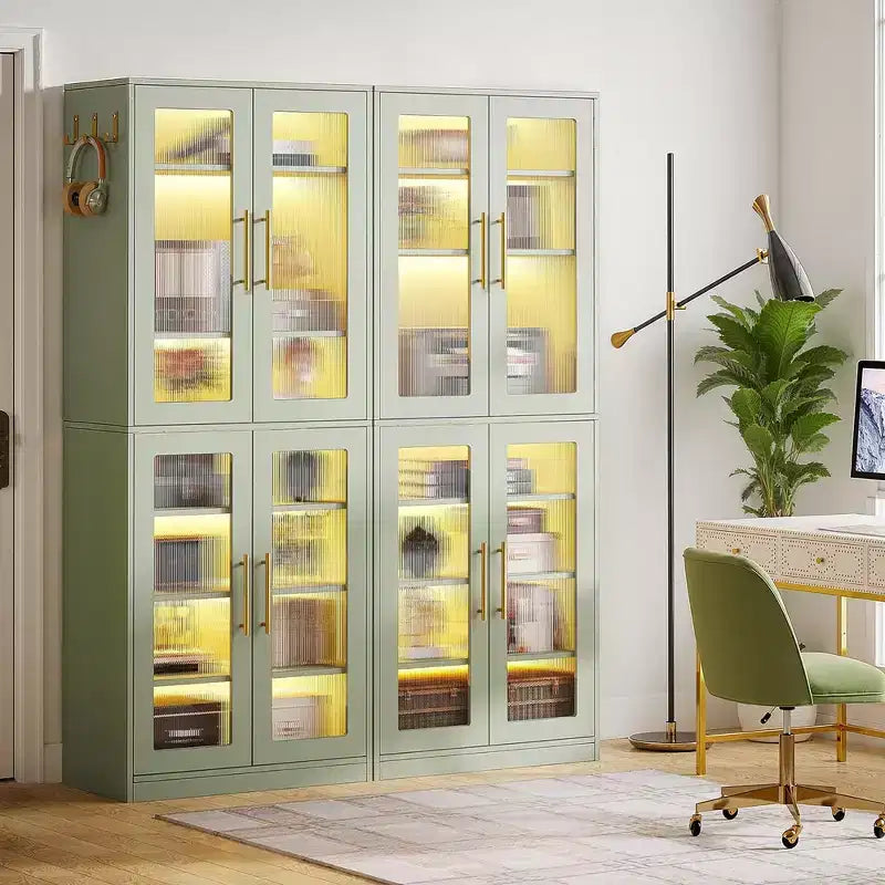LED-Lit White Bookcase, Remote-Controlled RGB Light Acrylic Door Display Cabinet
