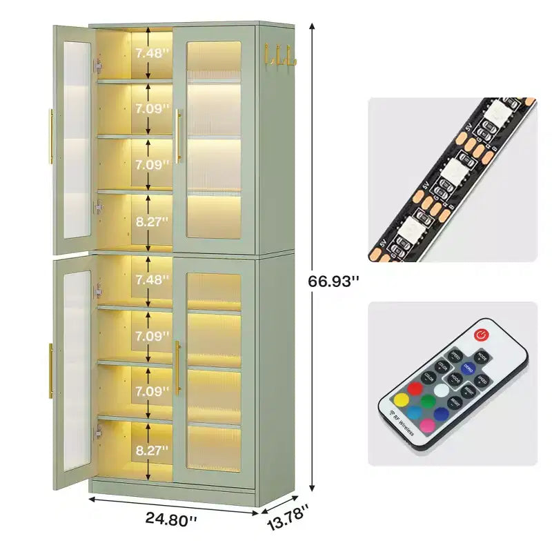 LED-Lit White Bookcase, Remote-Controlled RGB Light Acrylic Door Display Cabinet