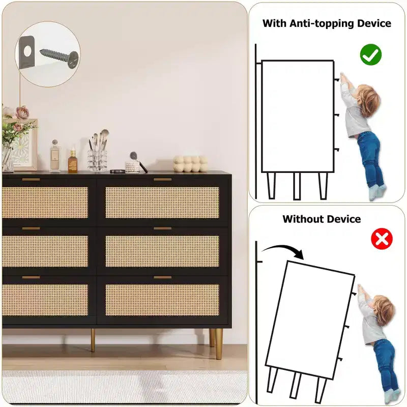 1-Piece PB+MDF Woven Rattan Six-Drawer Cabinet - Rattan Cabinet, Three-Layer Melamine Surface, Six Drawers, Golden Hardware Feet