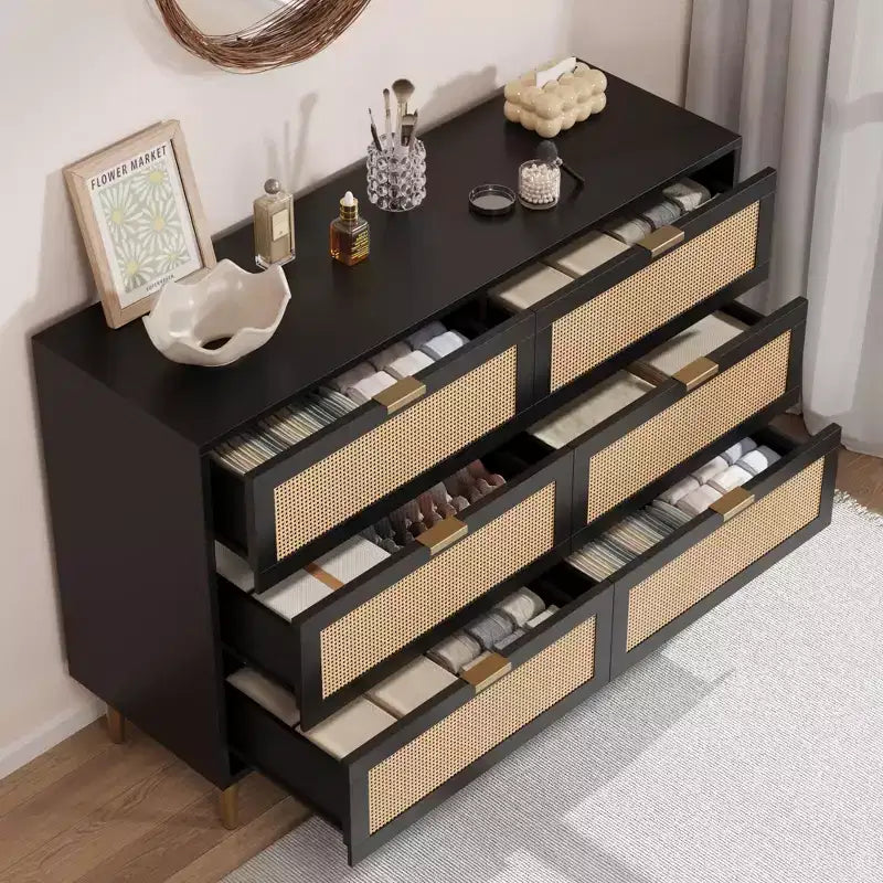 1-Piece PB+MDF Woven Rattan Six-Drawer Cabinet - Rattan Cabinet, Three-Layer Melamine Surface, Six Drawers, Golden Hardware Feet