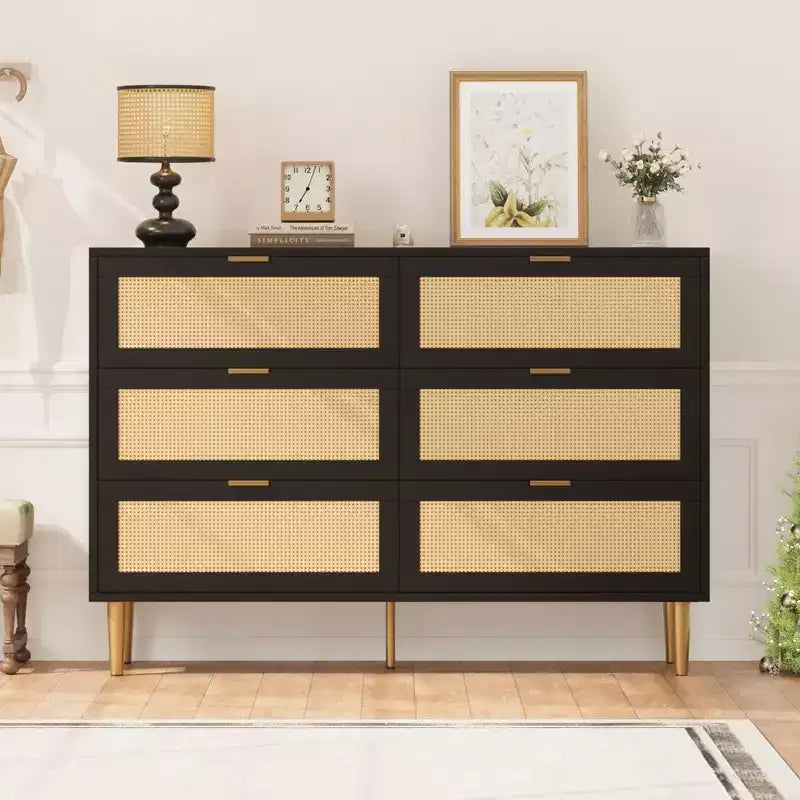1-Piece PB+MDF Woven Rattan Six-Drawer Cabinet - Rattan Cabinet, Three-Layer Melamine Surface, Six Drawers, Golden Hardware Feet