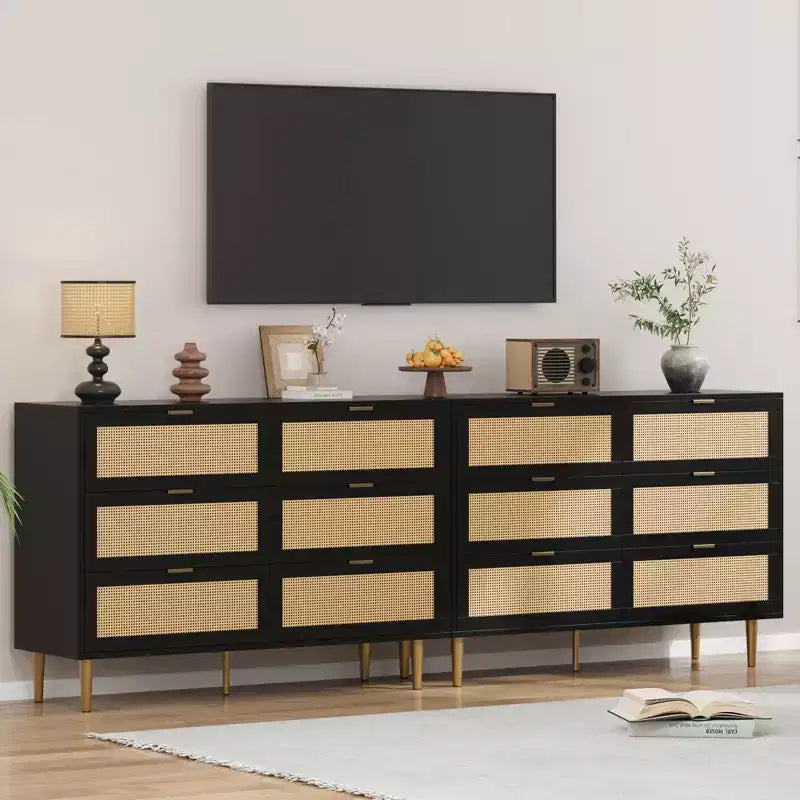 1-Piece PB+MDF Woven Rattan Six-Drawer Cabinet - Rattan Cabinet, Three-Layer Melamine Surface, Six Drawers, Golden Hardware Feet