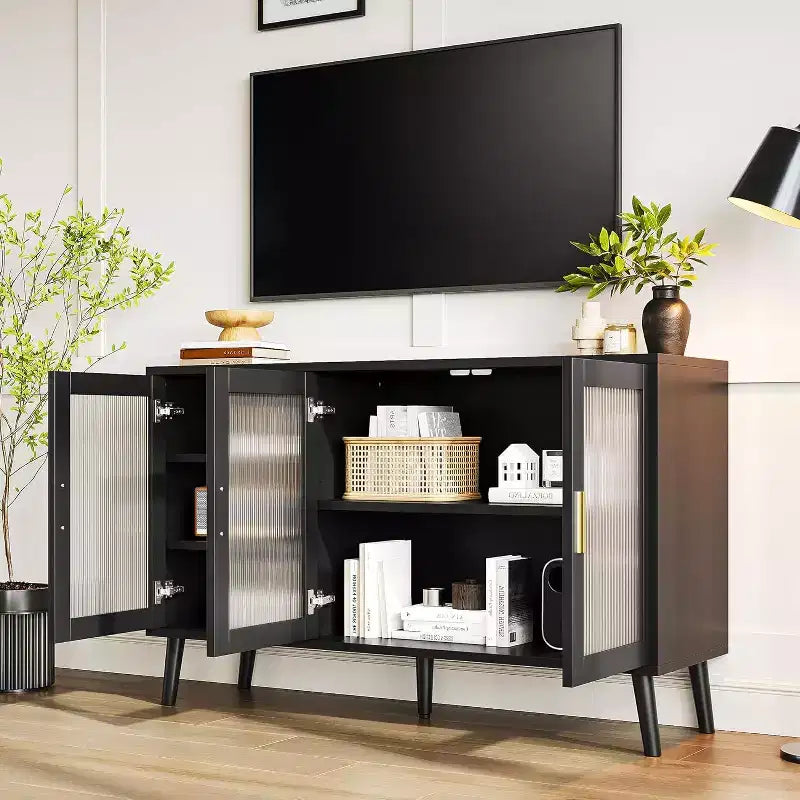 48 Large TV Console Storage Cabinet, Modern Stand with 3 Fluted Glass Doors, 5 Adjustable Shelves, Black for Living Room