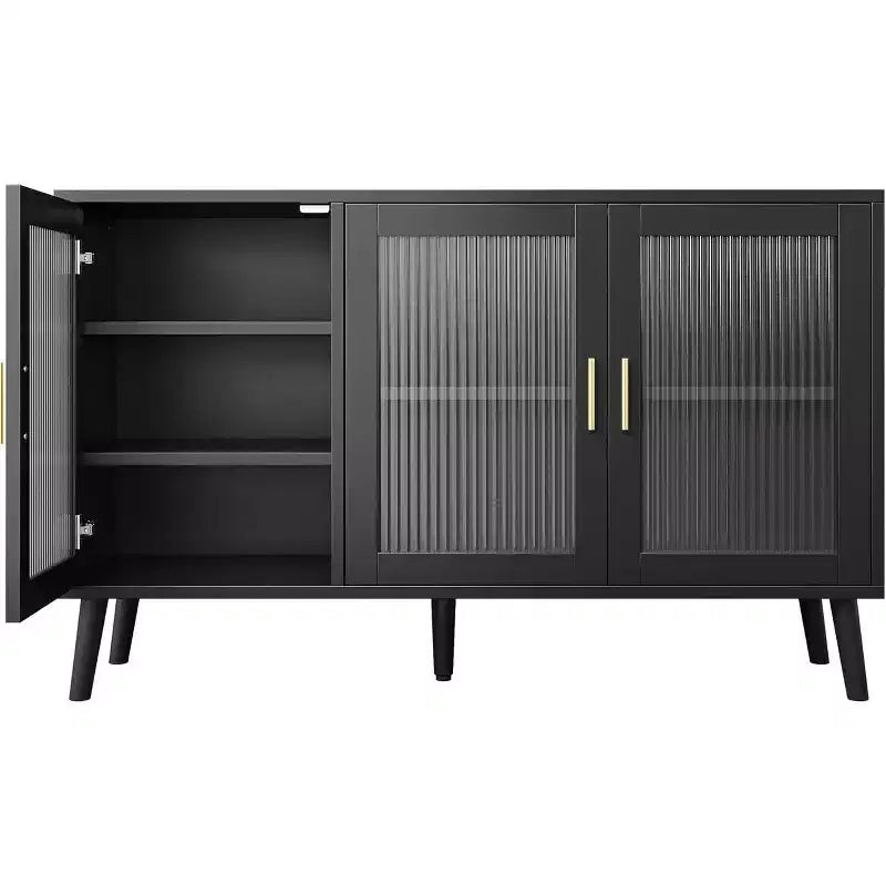 48 Large TV Console Storage Cabinet, Modern Stand with 3 Fluted Glass Doors, 5 Adjustable Shelves, Black for Living Room
