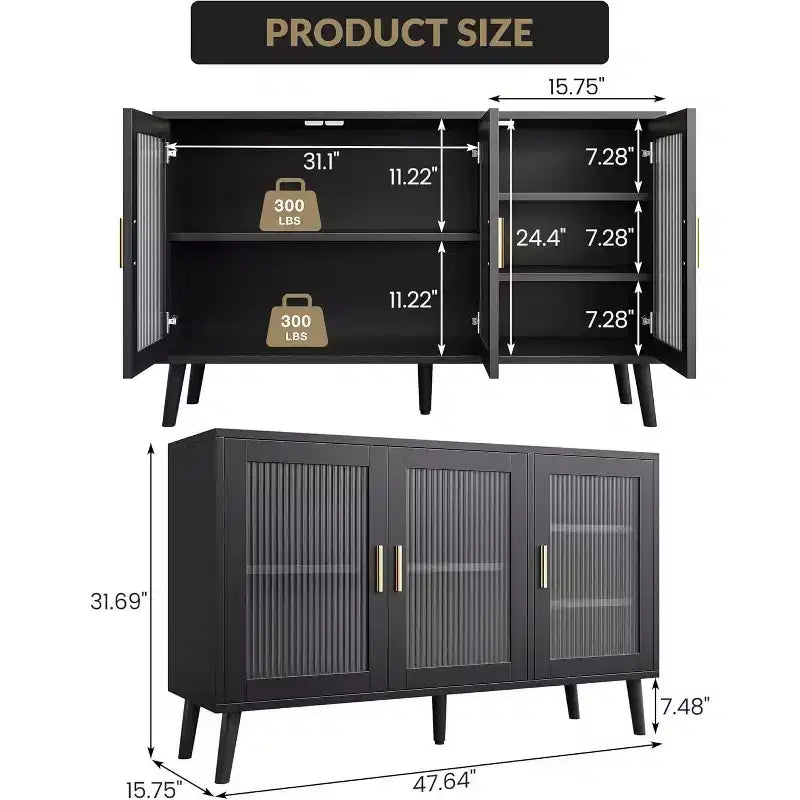 48 Large TV Console Storage Cabinet, Modern Stand with 3 Fluted Glass Doors, 5 Adjustable Shelves, Black for Living Room
