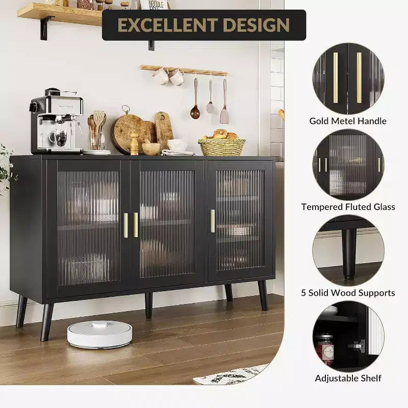48 Large TV Console Storage Cabinet, Modern Stand with 3 Fluted Glass Doors, 5 Adjustable Shelves, Black for Living Room