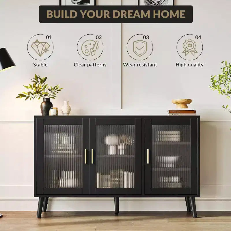 48 Large TV Console Storage Cabinet, Modern Stand with 3 Fluted Glass Doors, 5 Adjustable Shelves, Black for Living Room