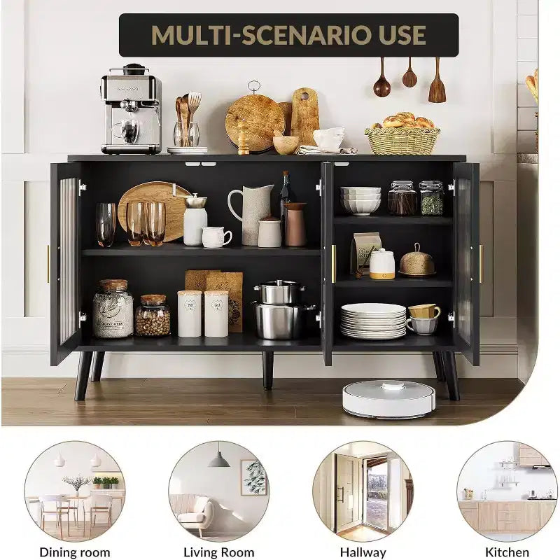 48 Large TV Console Storage Cabinet, Modern Stand with 3 Fluted Glass Doors, 5 Adjustable Shelves, Black for Living Room