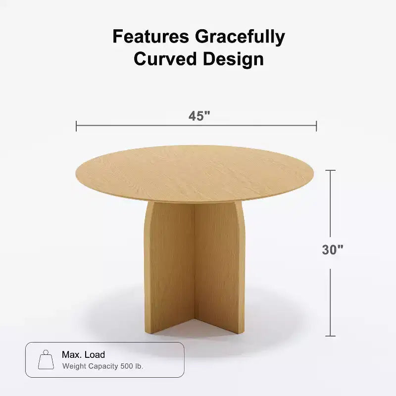 45 x45 Solid Wood Round Dining Table with Natural Finish and Elegant Arched Legs for Modern Dining Rooms & Kitchens