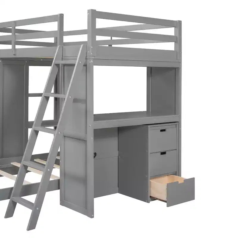 Lit superposé jumeau sur jumeau avec tiroirs, étagères, bureau, lumière LED et ports de chargement
