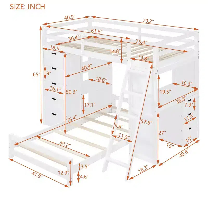 Lit superposé jumeau sur jumeau avec tiroirs, étagères, bureau, lumière LED et ports de chargement