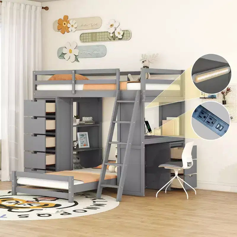 Lit superposé jumeau sur jumeau avec tiroirs, étagères, bureau, lumière LED et ports de chargement
