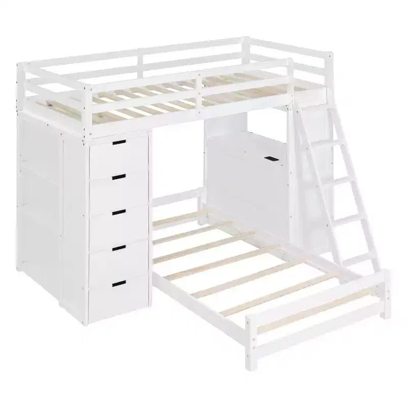 Lit superposé jumeau sur jumeau avec tiroirs, étagères, bureau, lumière LED et ports de chargement