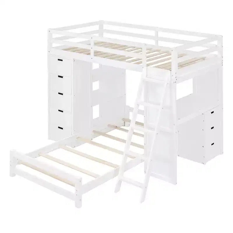 Lit superposé jumeau sur jumeau avec tiroirs, étagères, bureau, lumière LED et ports de chargement