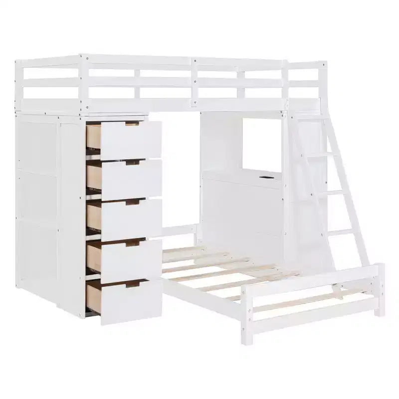 Lit superposé jumeau sur jumeau avec tiroirs, étagères, bureau, lumière LED et ports de chargement