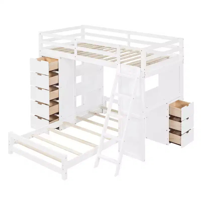 Lit superposé jumeau sur jumeau avec tiroirs, étagères, bureau, lumière LED et ports de chargement