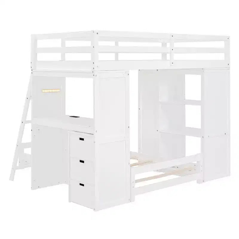 Lit superposé jumeau sur jumeau avec tiroirs, étagères, bureau, lumière LED et ports de chargement